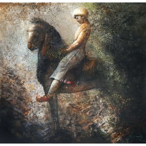 A. Q. Arif, Court Horse Rider, 48 x 48 Inch, Oil on Canvas, Figurative Painting, AC-AQ-299